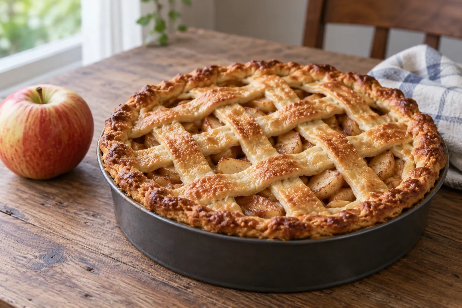 Gouden appeltaart met rasterdeeg in springvorm op houten tafel, appel en theedoek naast zich