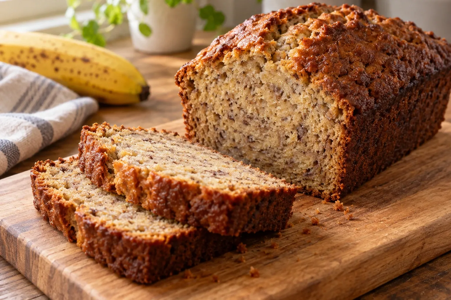 Goudbruin bananenbrood op snijplank met twee gesneden plakken en banaan op achtergrond