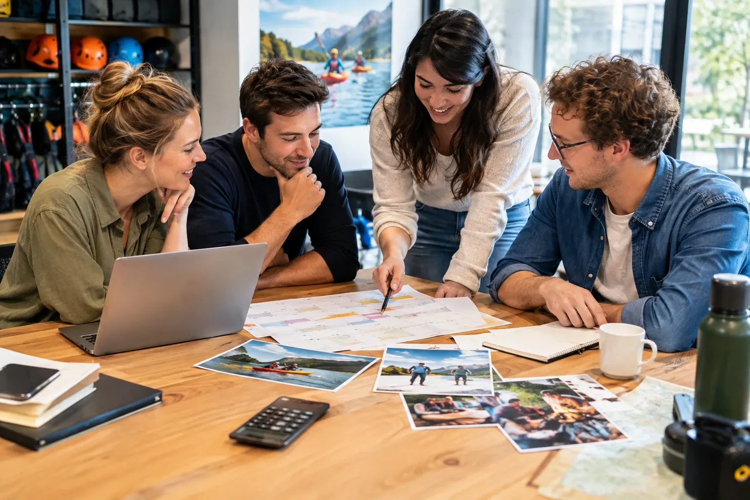 Vier collega's rond tafel bekijken plannen en foto's voor een outdoor bedrijfsuitje