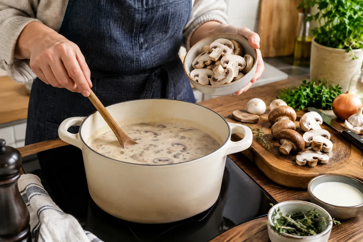 Hand roert romige champignonsoep in pan, andere hand voegt gesneden champignons toe