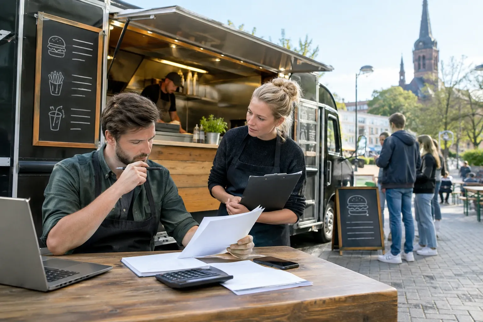 Man en vrouw bij foodtruck bespreken papieren en berekenen kosten met laptop