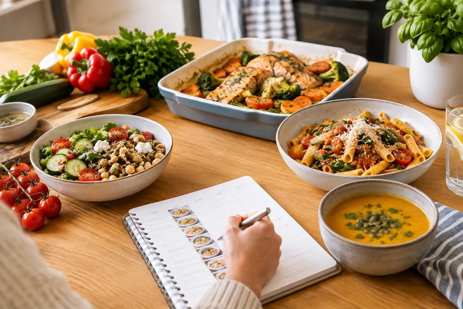 Gezond diner op tafel: ovenschotel met zalm, pastaschotel, salade en soep
