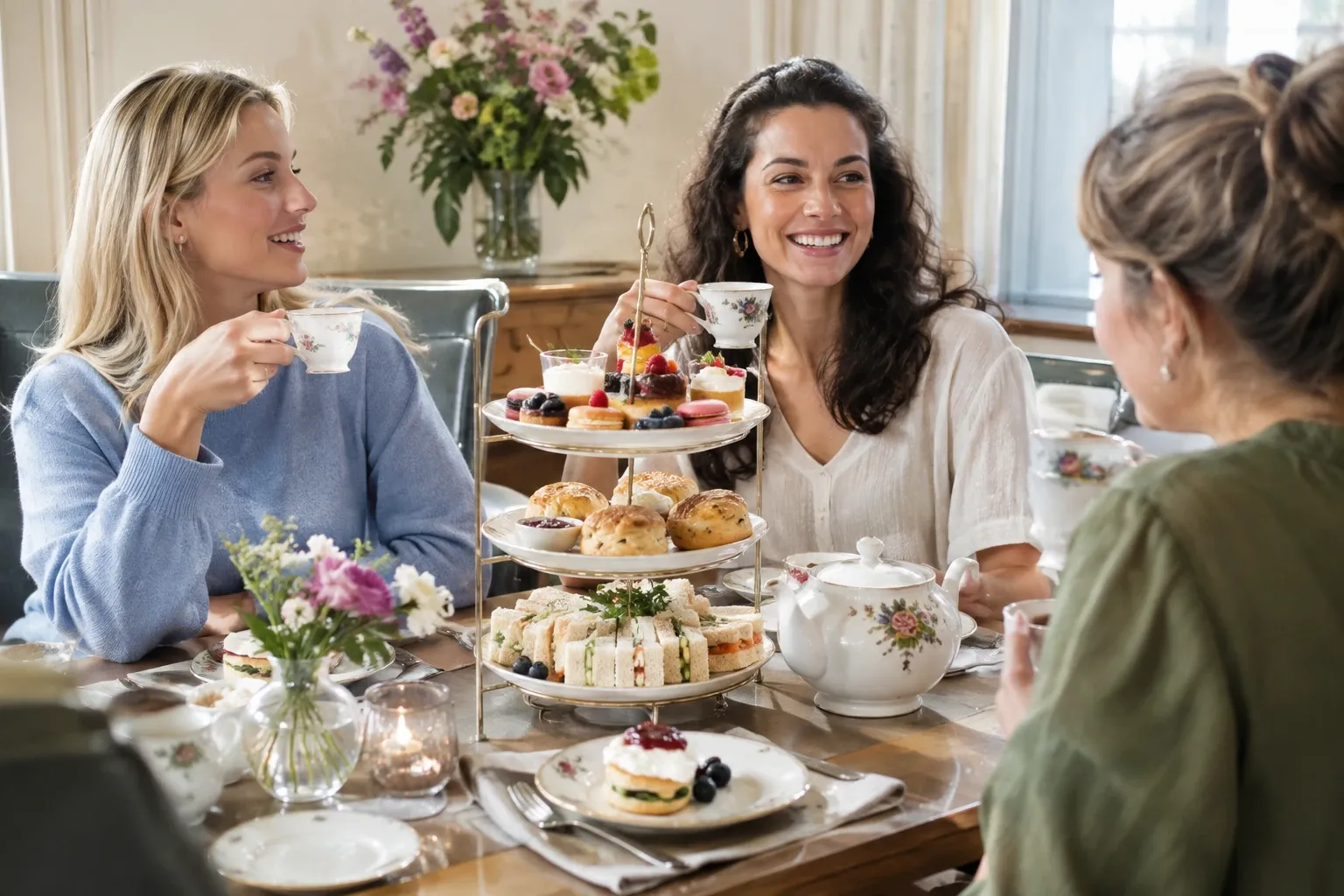 Drie vrouwen genieten high tea met scones, finger sandwiches en gebak aan tafel