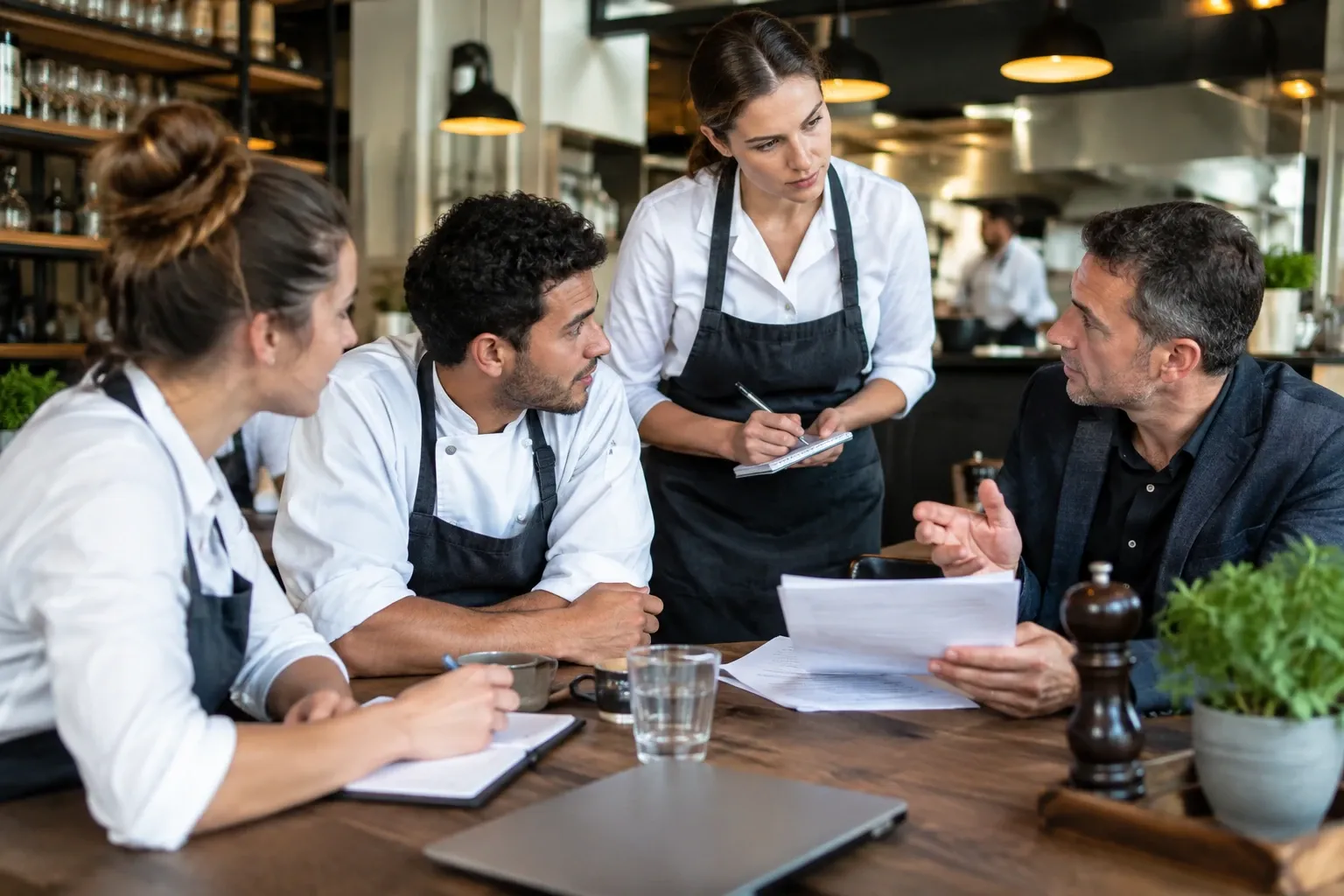 Restaurantmanager bespreekt papieren met koks en bediening aan houten tafel in keuken