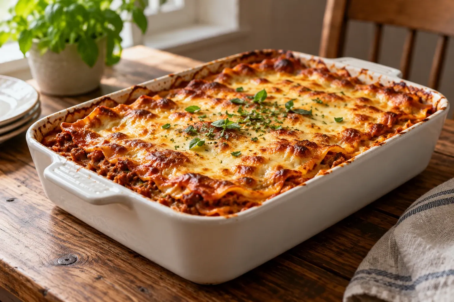 Goudbruine lasagne in ovenschaal met gesmolten kaas en verse kruiden op tafel
