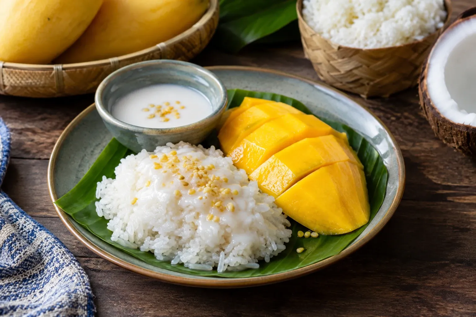Kleefrijst met kokossaus en gesneden rijpe mango op bananenblad