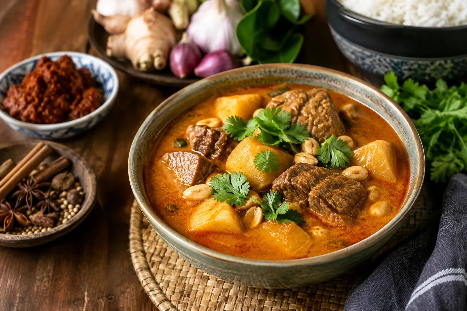 Komijnkleurige massaman curry met rundvlees, aardappel, pinda's en koriander in kom