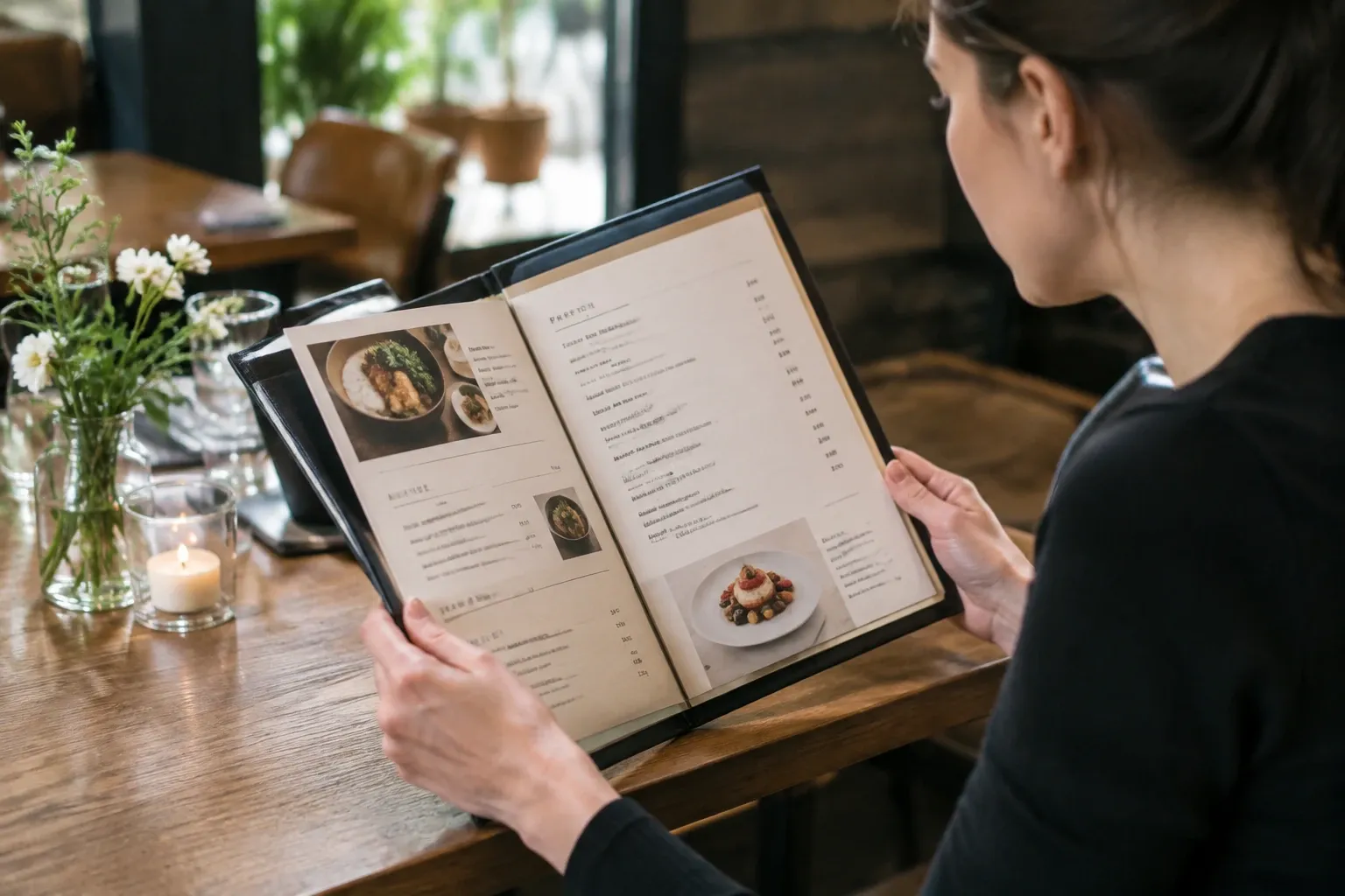 Vrouw bekijkt open menukaart aan houten tafel met bloemen en kaarslicht