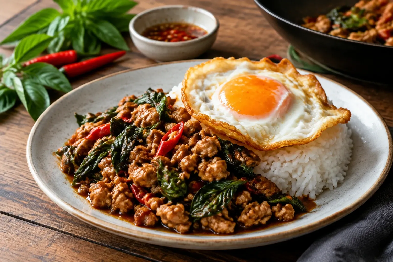 Pad krapow met geroerbakt gehakt, Thaise basilicum, rijst en gebakken ei