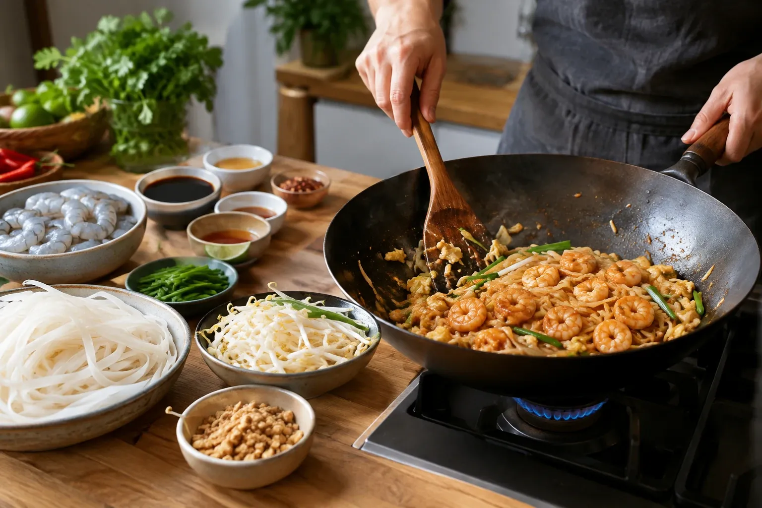 Wok met roergebakken pad thai garnalen, taugé, noedels en pinda's klaar om te scheppen