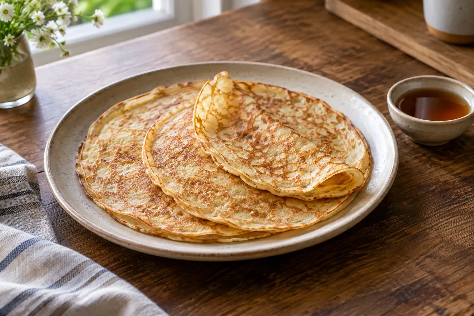 Drie goudbruine pannenkoeken op een bord naast een kommetje stroop en raamlicht