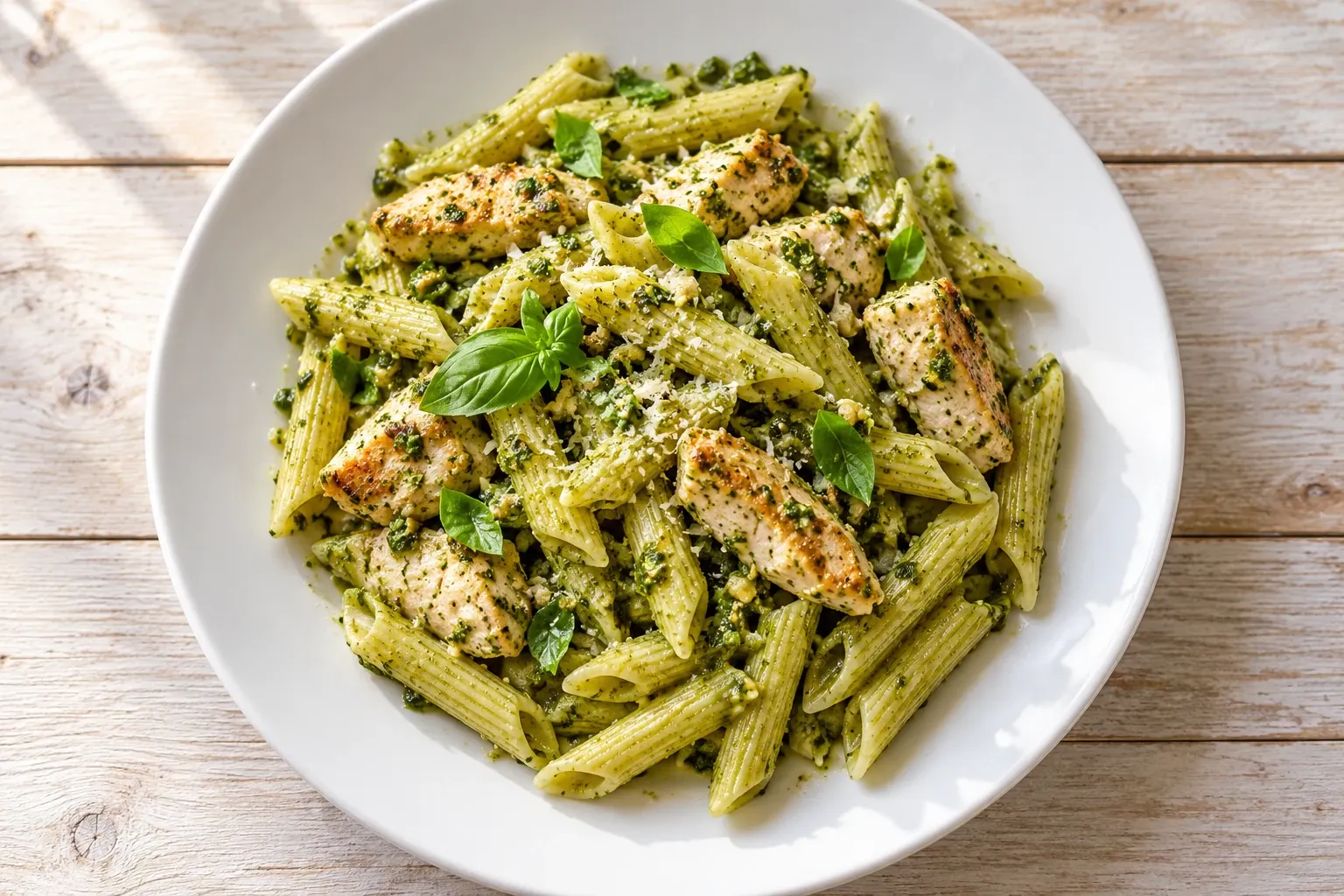 Pasta penne met groene pesto, stukjes gegrilde kip en basilicumblaadjes