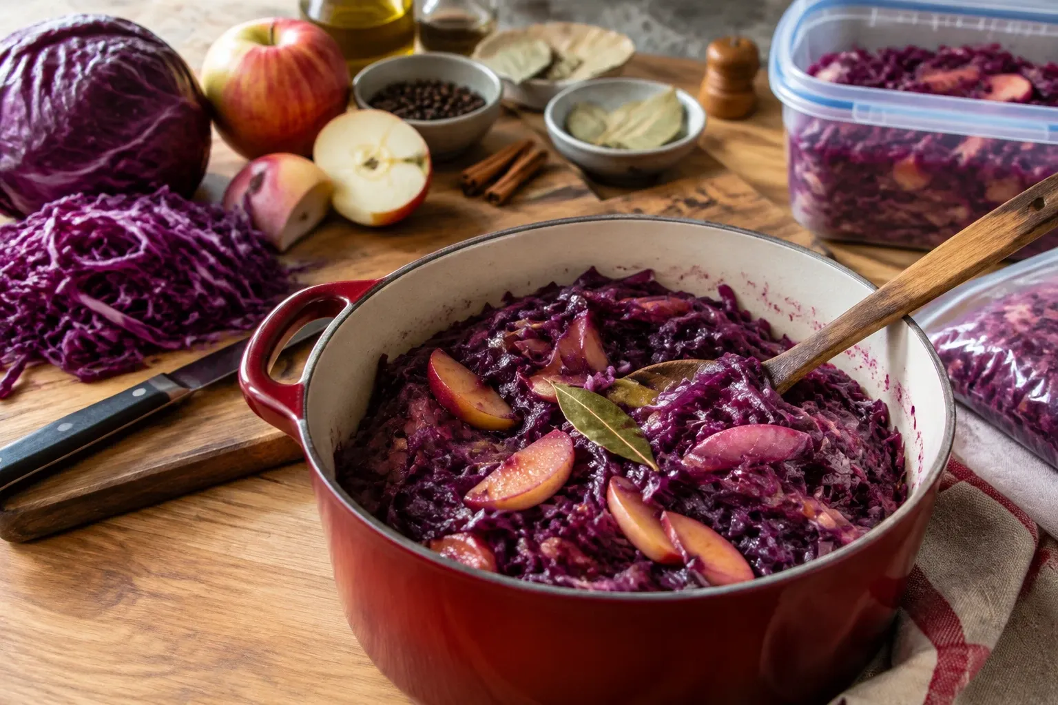 Gestoofde rode kool met appel in rode pan, laurierblad, gesneden kool en potjes achtergrond