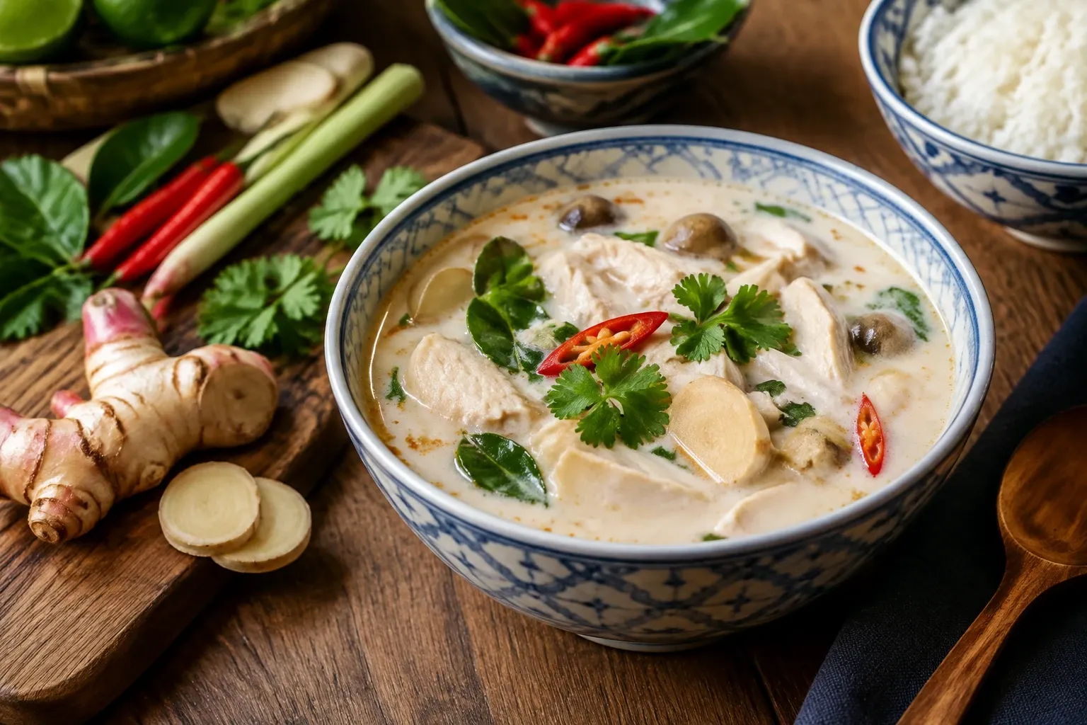 Komkomvormige kom tom kha kai met kip, galanga, kaffirblad en koriander