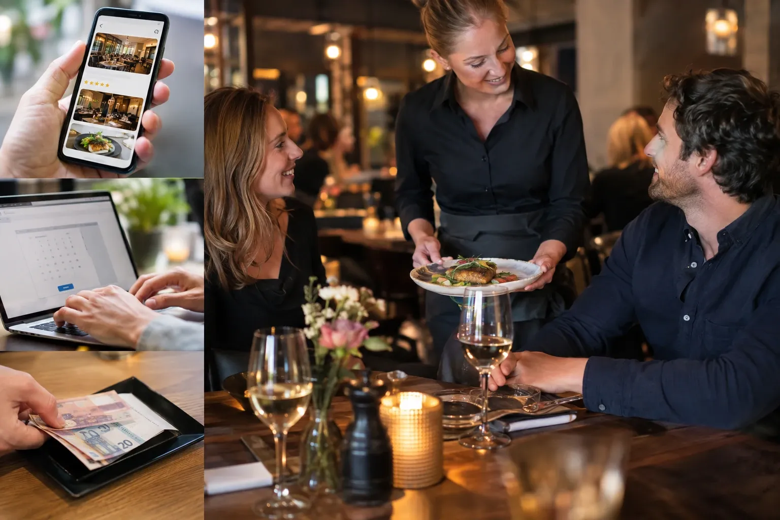 Bediening serveert hoofdgerecht aan lachend stel in sfeervol verlicht restaurant